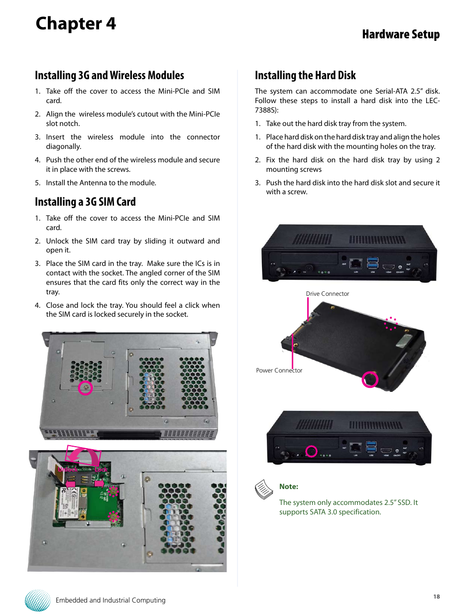 Chapter 4, Hardware setup, Installing the hard disk | Installing 3g and wireless modules, Installing a 3g sim card | Lanner LEC-7388S User Manual | Page 18 / 19