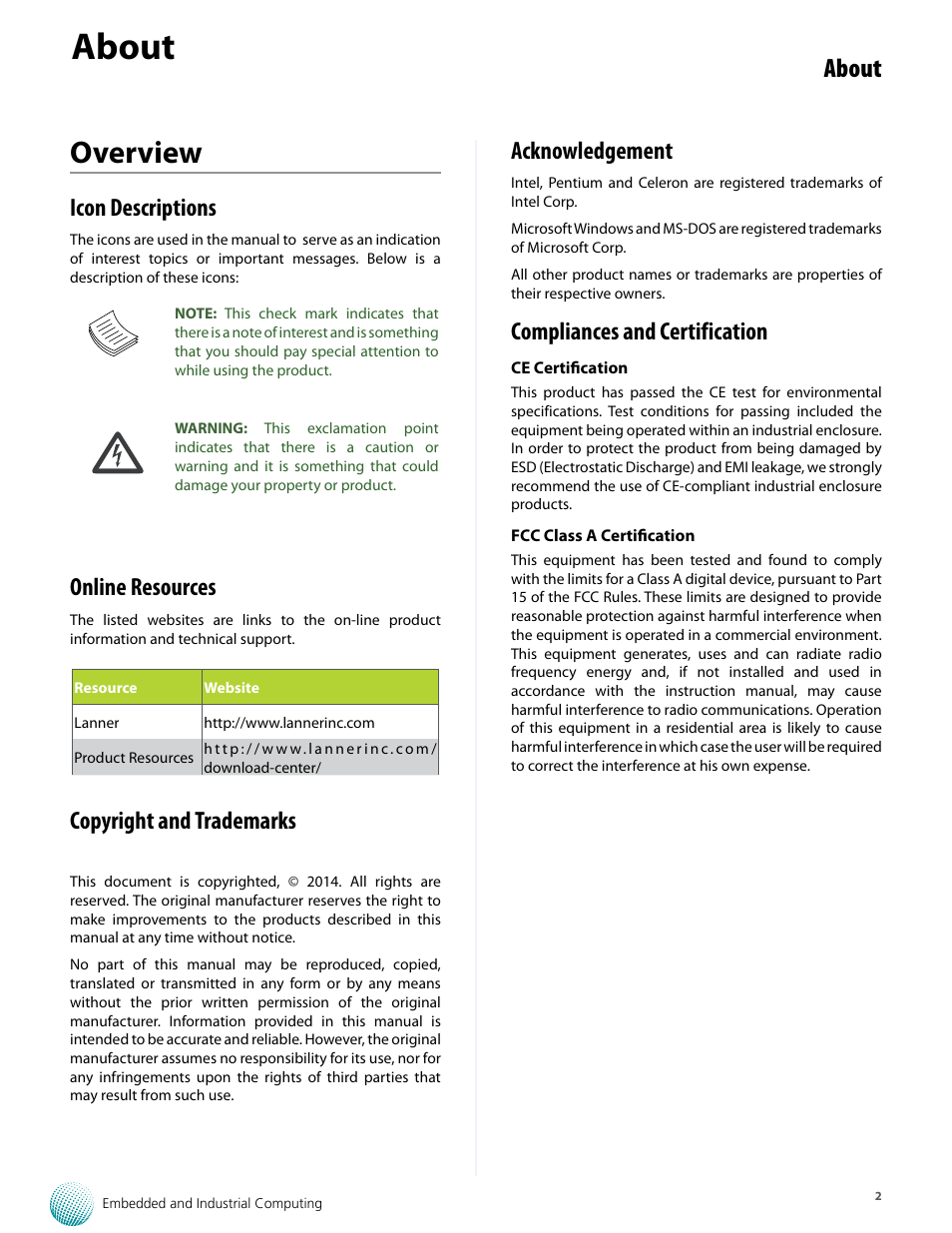 Overview, About, Icon descriptions | Online resources, Copyright and trademarks, Acknowledgement, Compliances and certification | Lanner LEC-7388S User Manual | Page 2 / 19