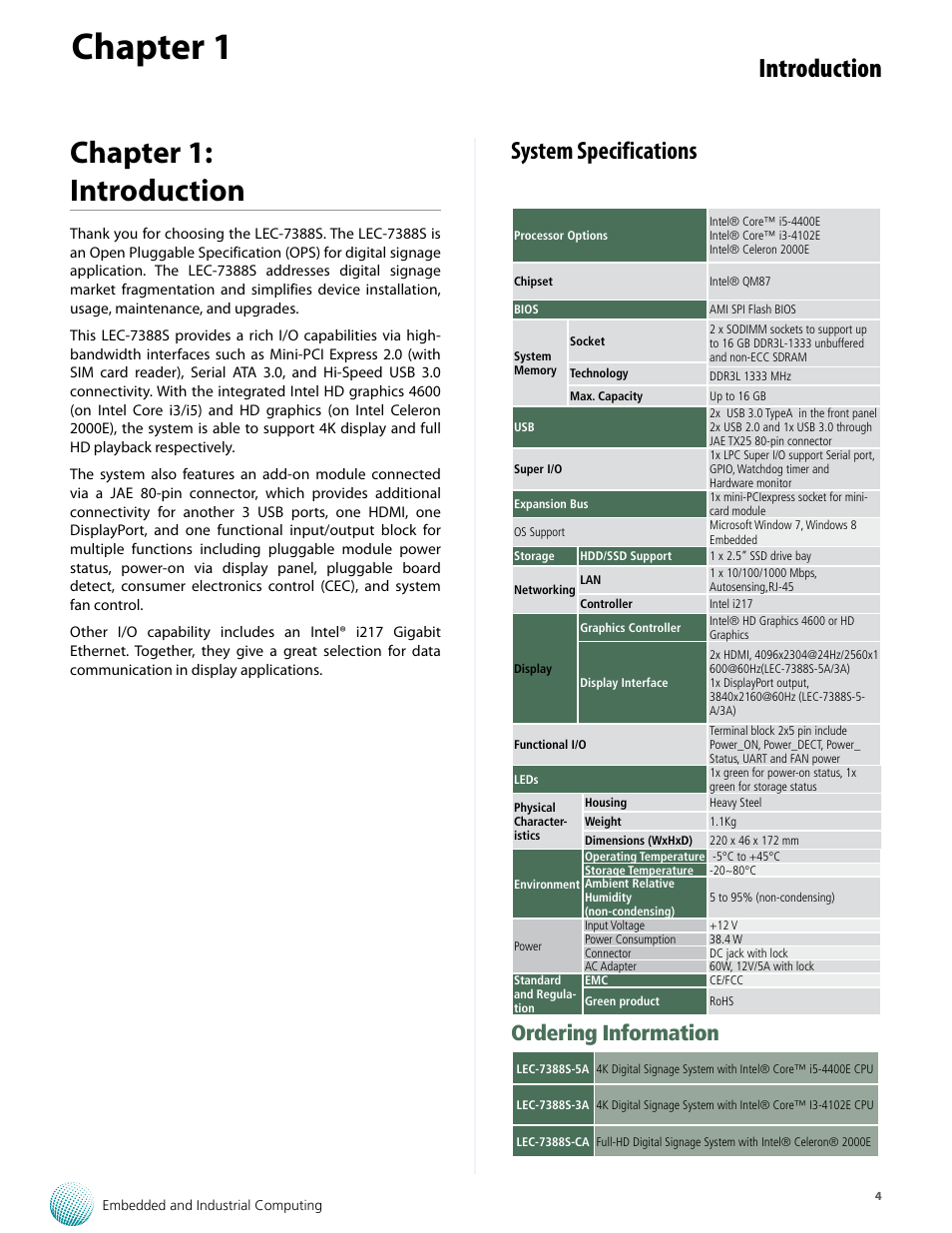 Chapter 1, Chapter 1: introduction, Introduction | System specifications, Ordering information | Lanner LEC-7388S User Manual | Page 4 / 19