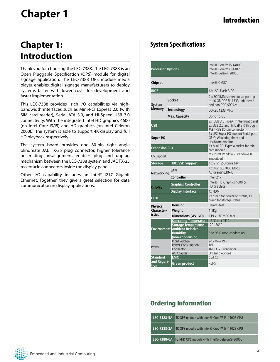 Chapter 1, Chapter 1: introduction, Introduction | System specifications, Ordering information | Lanner LEC-7388 User Manual | Page 4 / 17