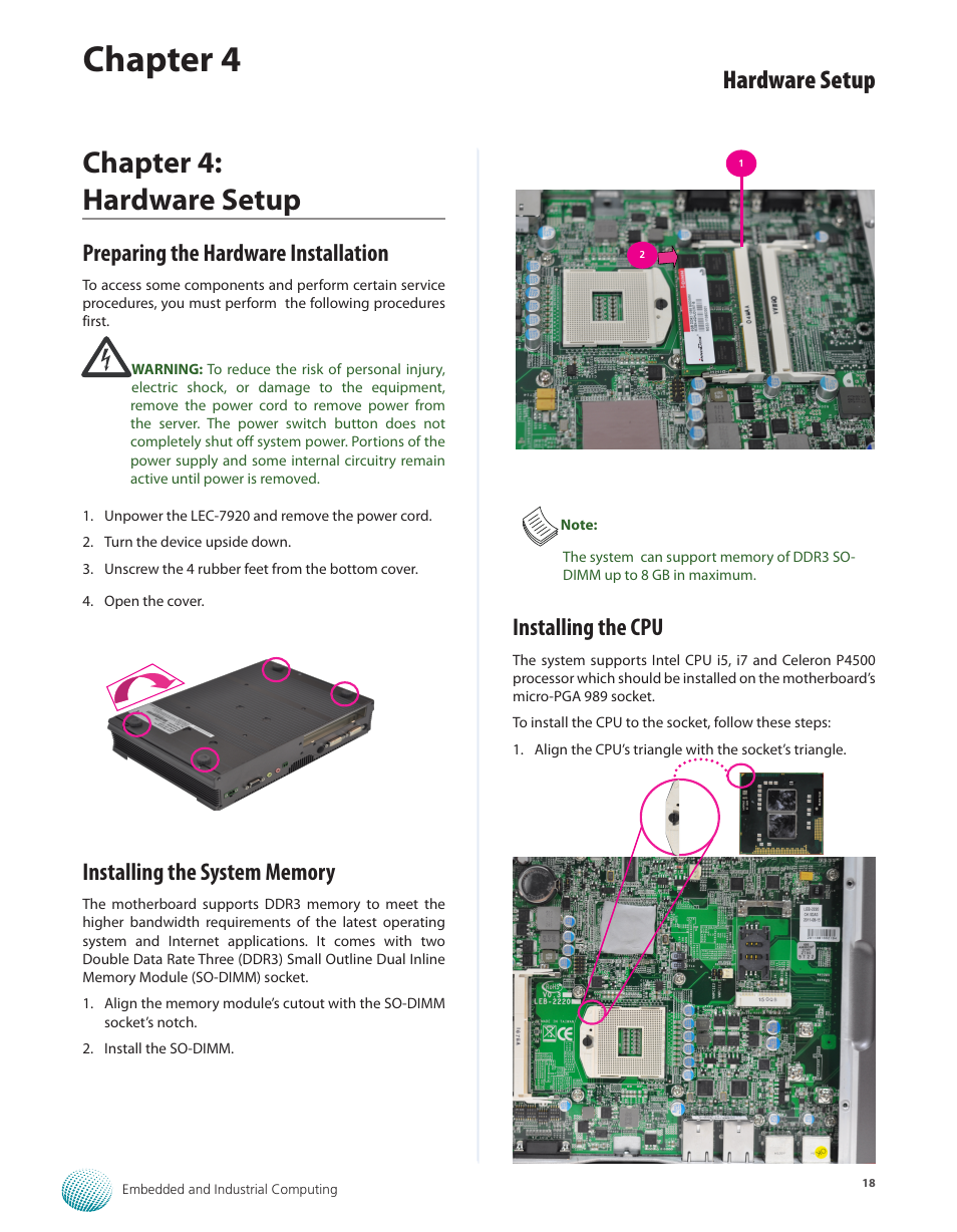 Chapter 4: hardware setup, Preparing the hardware installation, Installing the system memory | Installing the cpu, Chapter 4, Hardware setup | Lanner LEC-7920 User Manual | Page 18 / 29