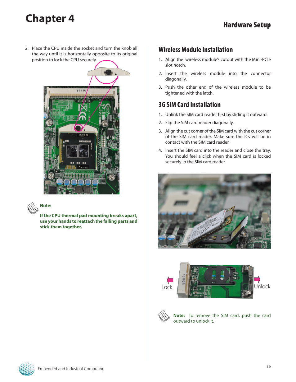 Wireless module installation, 3g sim card installation, Chapter 4 | Hardware setup | Lanner LEC-7920 User Manual | Page 19 / 29