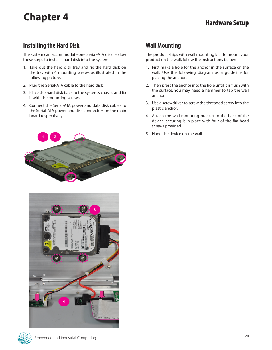 Installing the hard disk, Wall mounting, Installing the hard disk wall mounting | Chapter 4, Hardware setup | Lanner LEC-7920 User Manual | Page 20 / 29