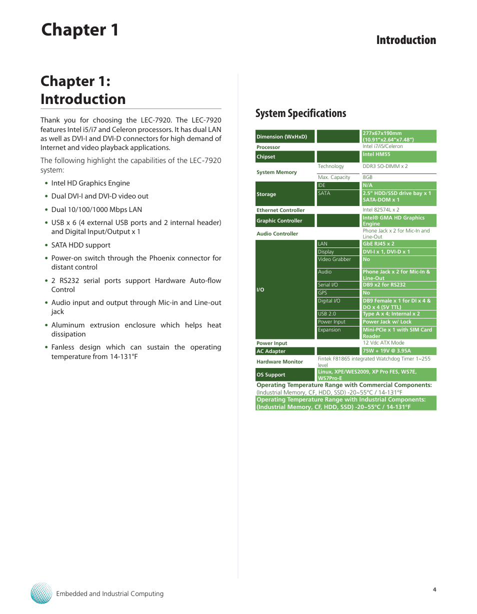 Chapter 1: introduction, System specifications, Chapter 1 | Introduction | Lanner LEC-7920 User Manual | Page 4 / 29