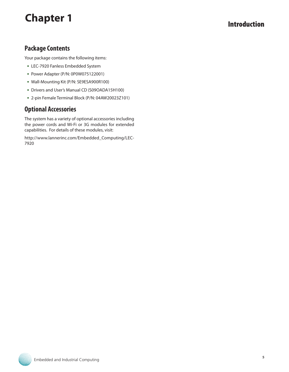 Package contents, Optional accessories, Package contents optional accessories | Chapter 1, Introduction | Lanner LEC-7920 User Manual | Page 5 / 29