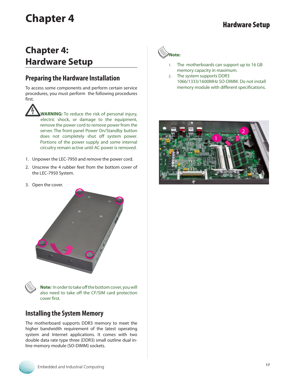 Chapter 4: hardware setup, Preparing the hardware installation, Installing the system memory | Chapter 4, Hardware setup | Lanner LEC-7950 User Manual | Page 18 / 29