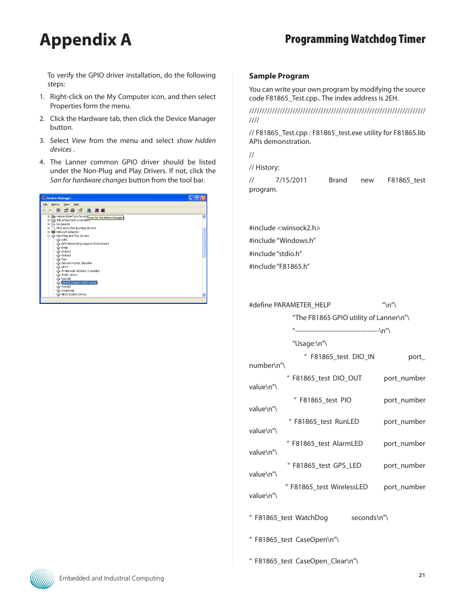 Appendix a, Programming watchdog timer | Lanner LEC-7950 User Manual | Page 22 / 29