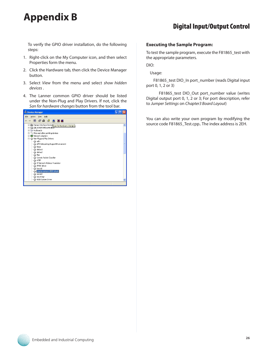 Appendix b, Digital input/output control | Lanner LEC-7950 User Manual | Page 27 / 29