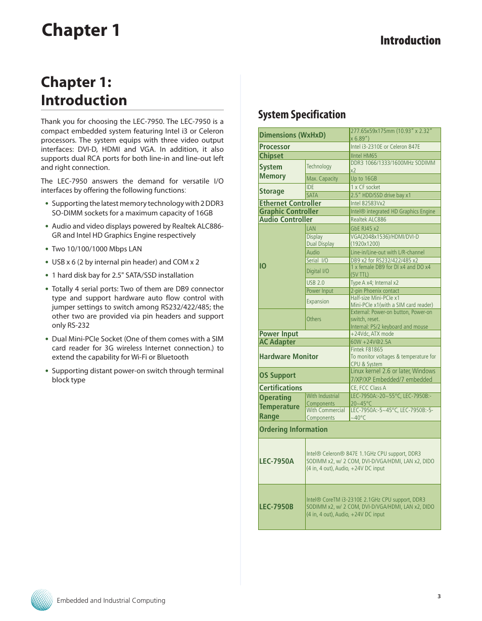 Chapter 1: introduction, System specification, Chapter 1 | Introduction | Lanner LEC-7950 User Manual | Page 4 / 29