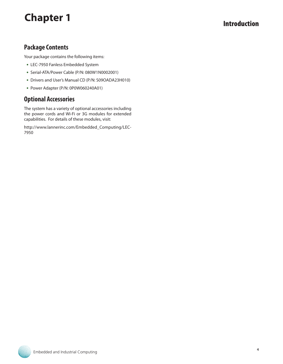 Package contents, Optional accessories, Package contents optional accessories | Chapter 1, Introduction | Lanner LEC-7950 User Manual | Page 5 / 29