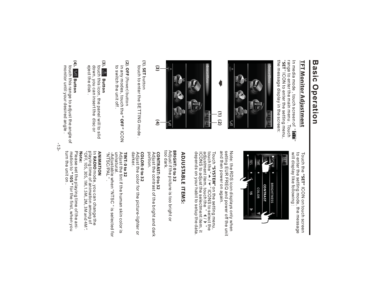 Basic operation, Tft monitor a d justmen t | Lanzar SD75MU User Manual | Page 15 / 39