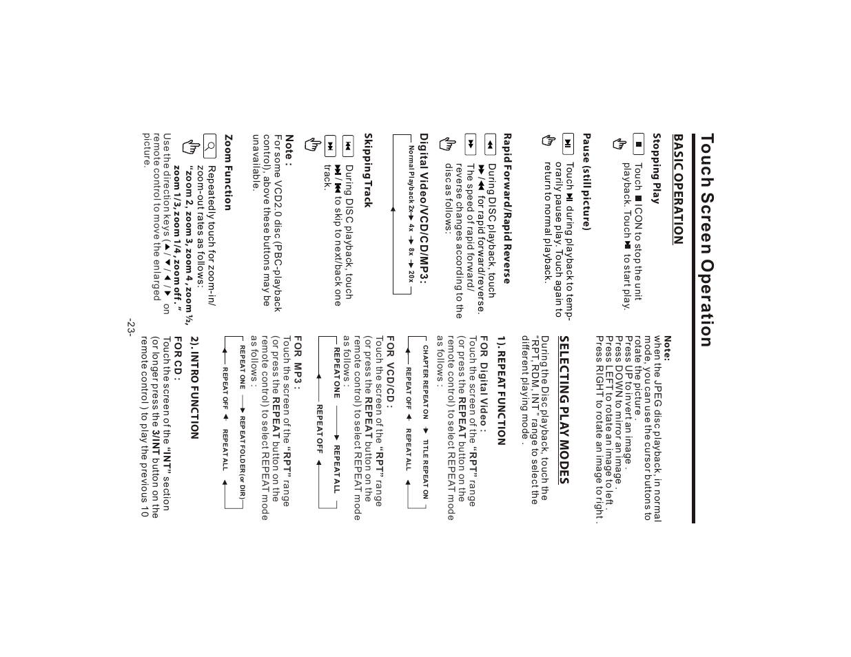 Touch screen operation, Selec ting pl a y modes, Basic oper a t ion | Lanzar SD75MU User Manual | Page 25 / 39