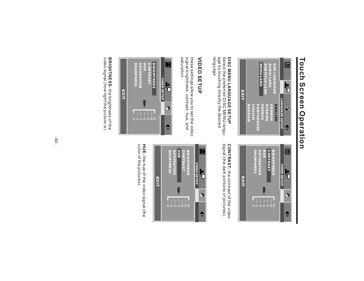 Touch screen operation, Video setup | Lanzar SD75MU User Manual | Page 32 / 39