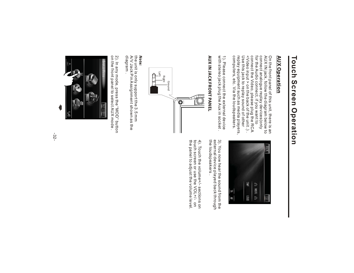 Touch screen operation, Au x oper a tion | Lanzar SD75MU User Manual | Page 34 / 39