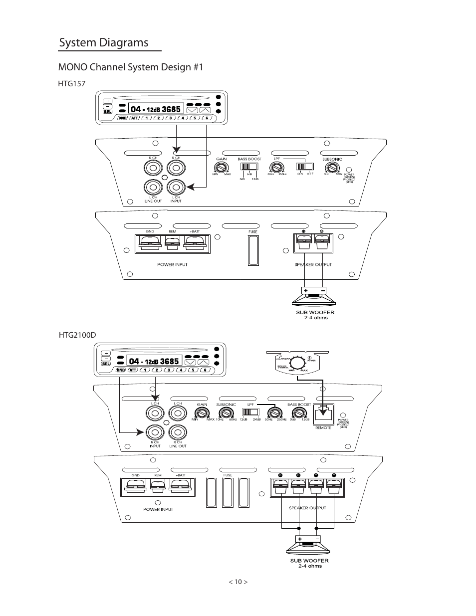 System diagrams, Mono channel system design #1 | Lanzar HTG257 User Manual | Page 9 / 23