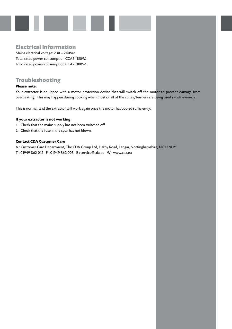Electrical information, Troubleshooting | CDA CCA5/7 User Manual | Page 7 / 12