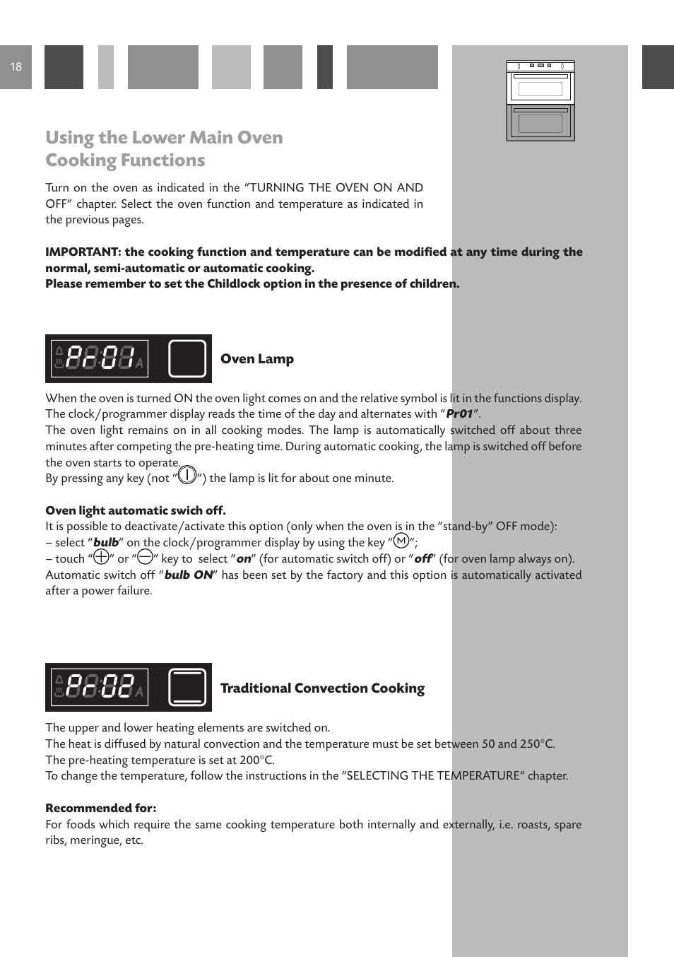 Using the lower main oven cooking functions | CDA Built Under Double Oven DV 770 User Manual | Page 18 / 48