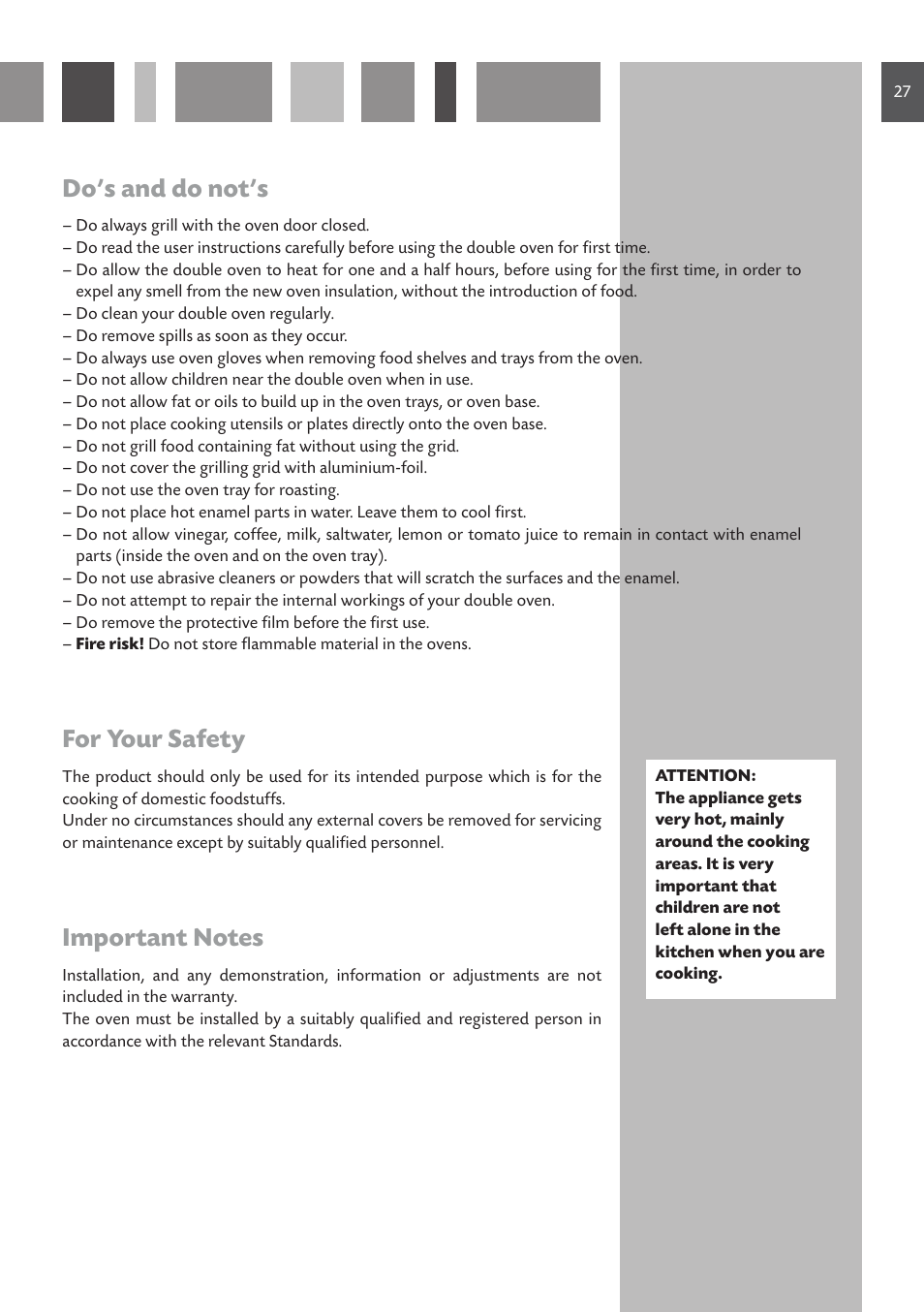 Do’s and do not’s, For your safety | CDA Built Under Double Oven DV 770 User Manual | Page 27 / 48
