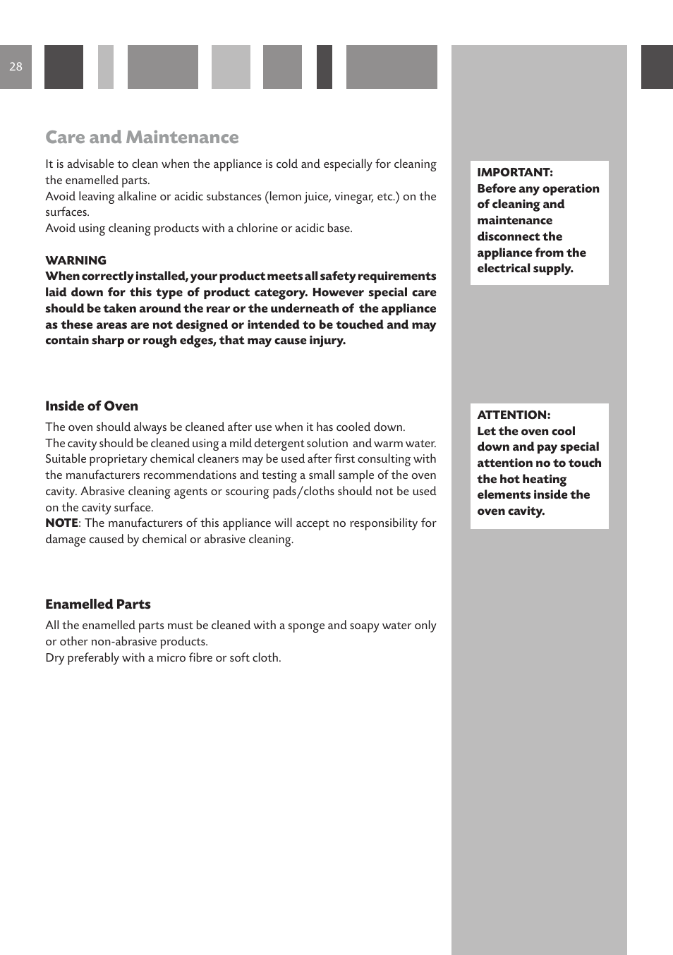 Care and maintenance | CDA Built Under Double Oven DV 770 User Manual | Page 28 / 48