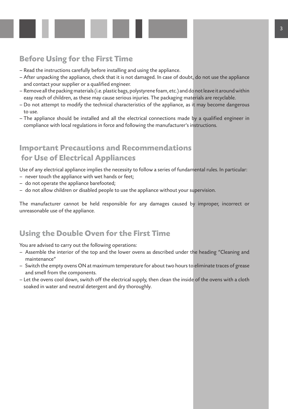 Before using for the first time, Using the double oven for the first time | CDA Built Under Double Oven DV 770 User Manual | Page 3 / 48