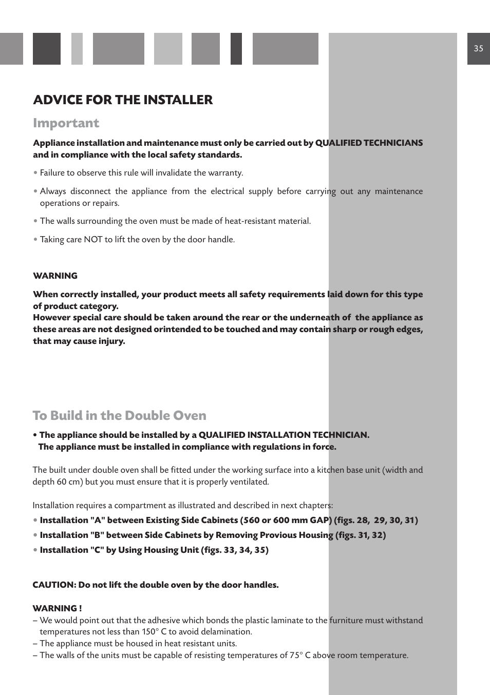 Advice for the installer important | CDA Built Under Double Oven DV 770 User Manual | Page 35 / 48