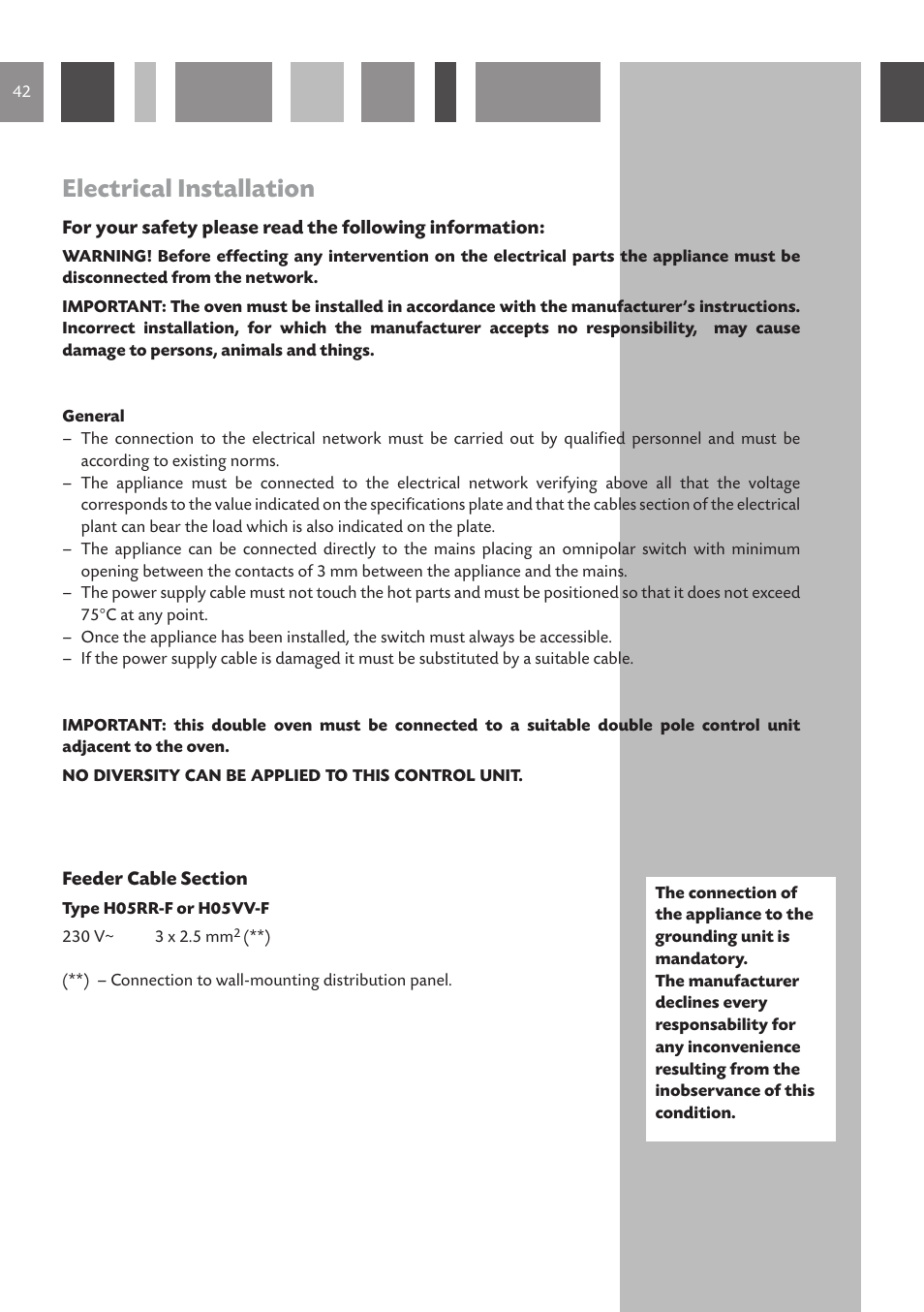 Electrical installation | CDA Built Under Double Oven DV 770 User Manual | Page 42 / 48