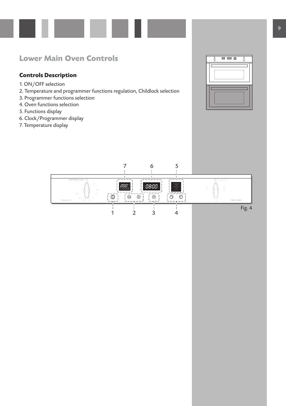 Lower main oven controls | CDA Built Under Double Oven DV 770 User Manual | Page 9 / 48