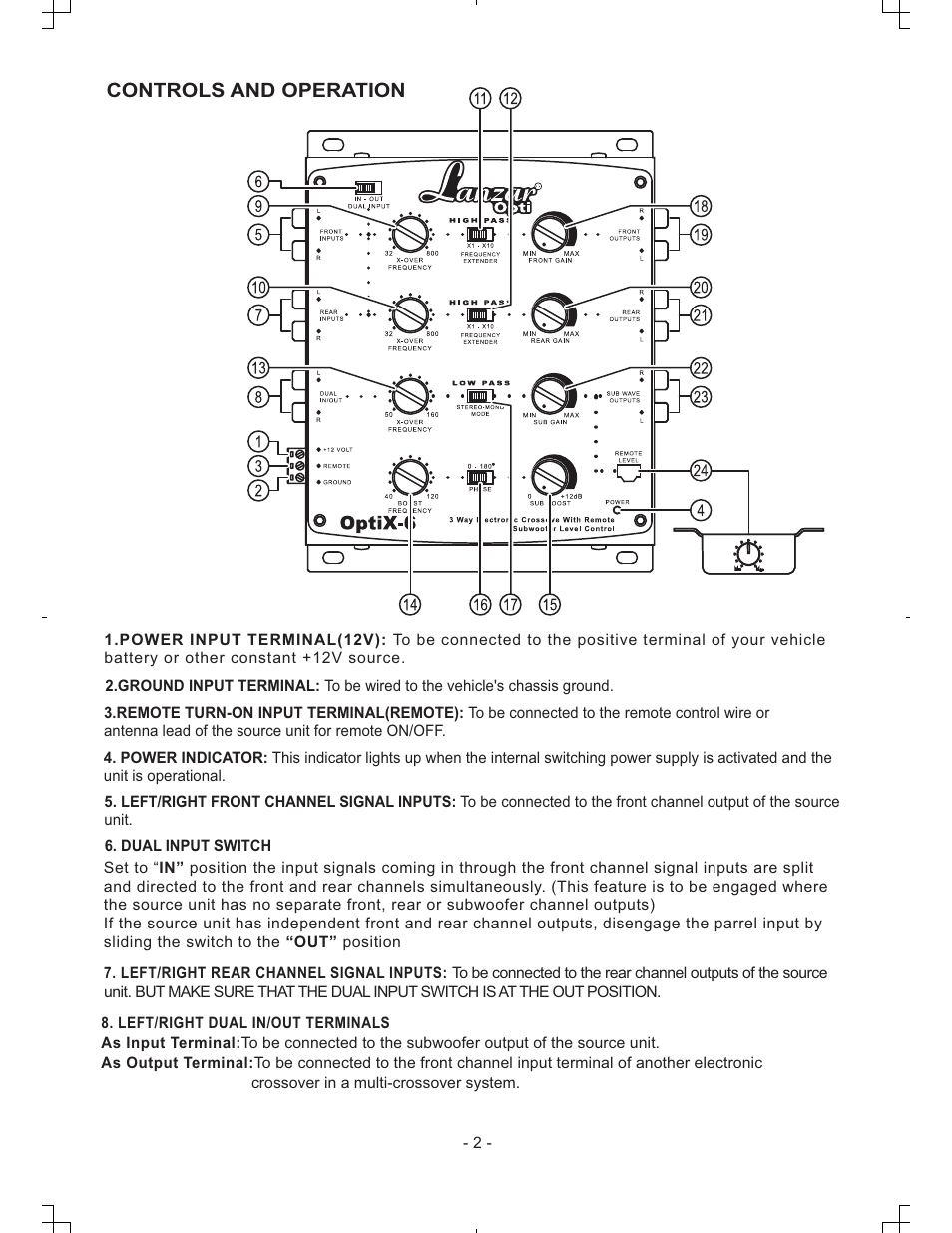 Controls and operation | Lanzar OPTIX User Manual | Page 3 / 8