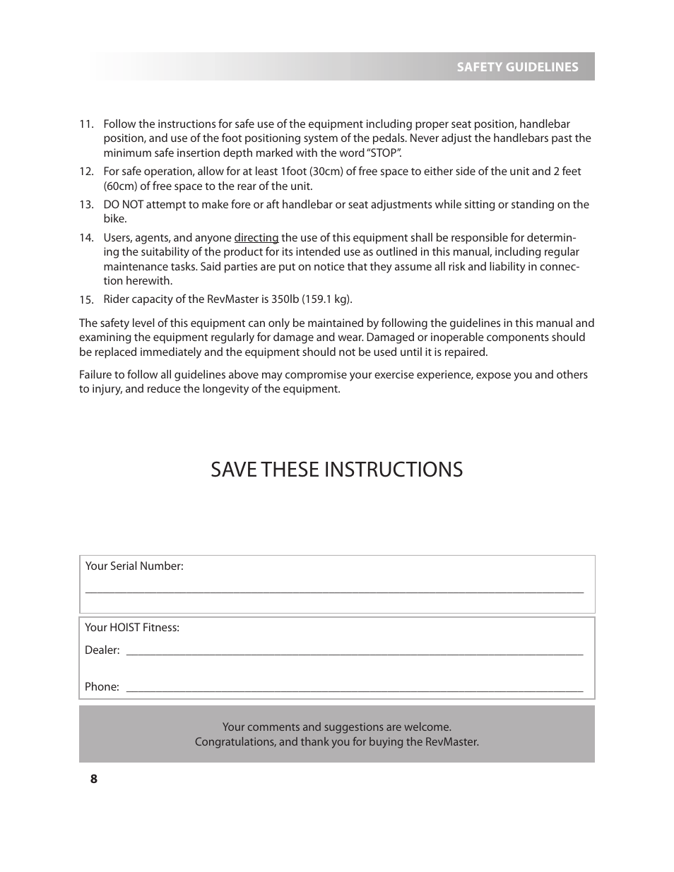 Save these instructions | LeMond RevMaster Pro User Manual | Page 8 / 29