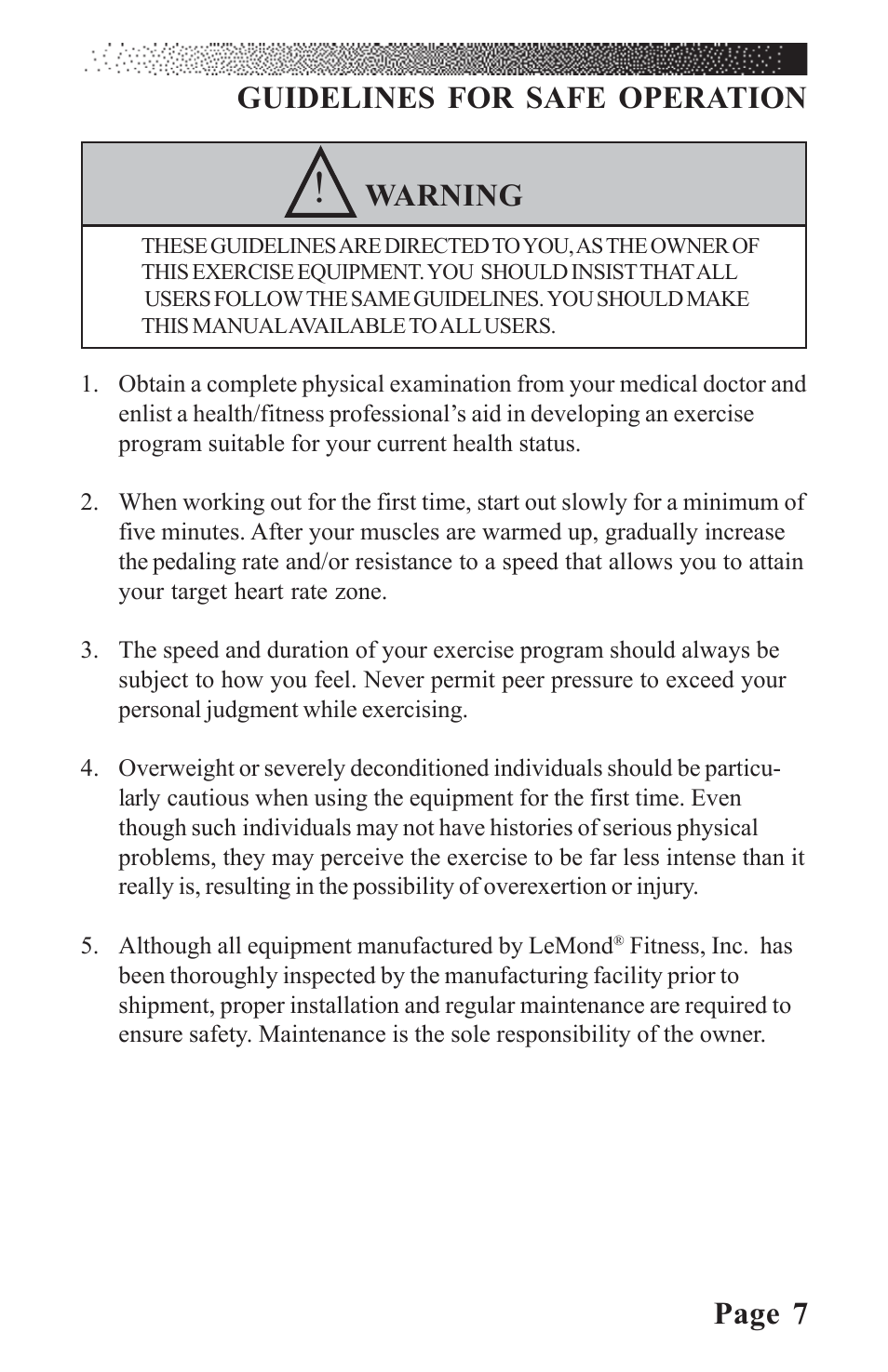 Page 7, Warning, Guidelines for safe operation | LeMond RevMaster Classic User Manual | Page 13 / 40
