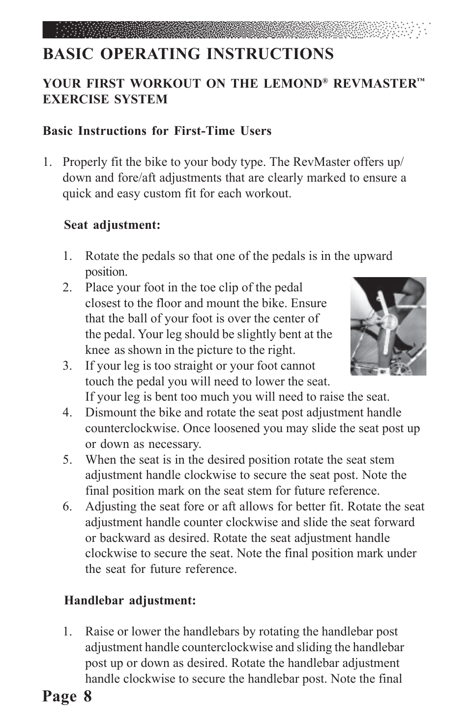 Page 8, Basic operating instructions | LeMond RevMaster Classic User Manual | Page 14 / 40
