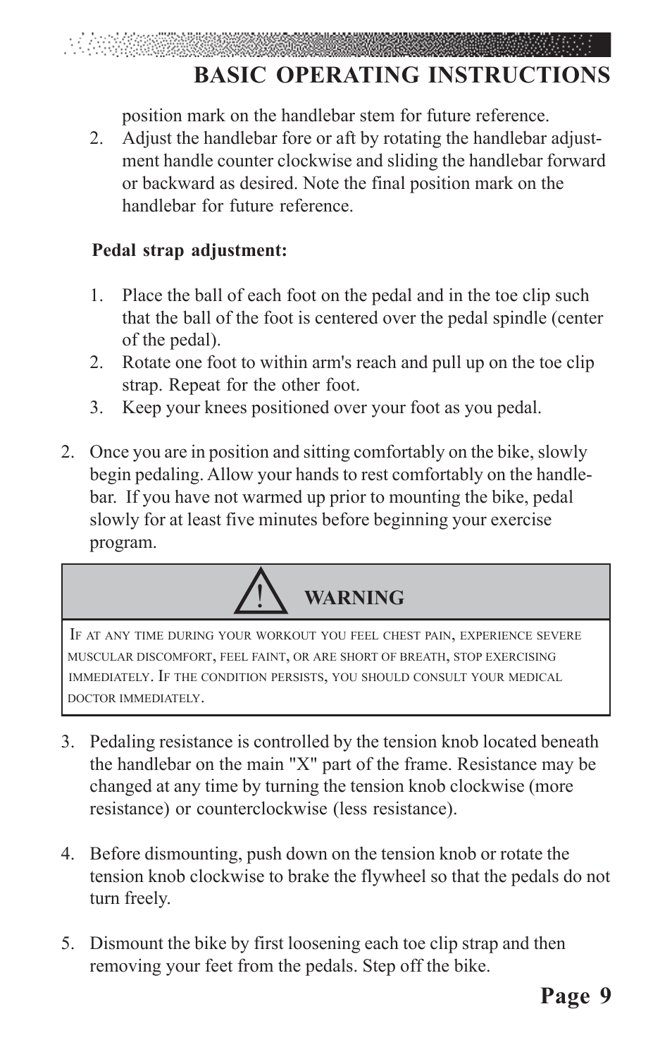 Page 9, Basic operating instructions, Warning | LeMond RevMaster Classic User Manual | Page 15 / 40