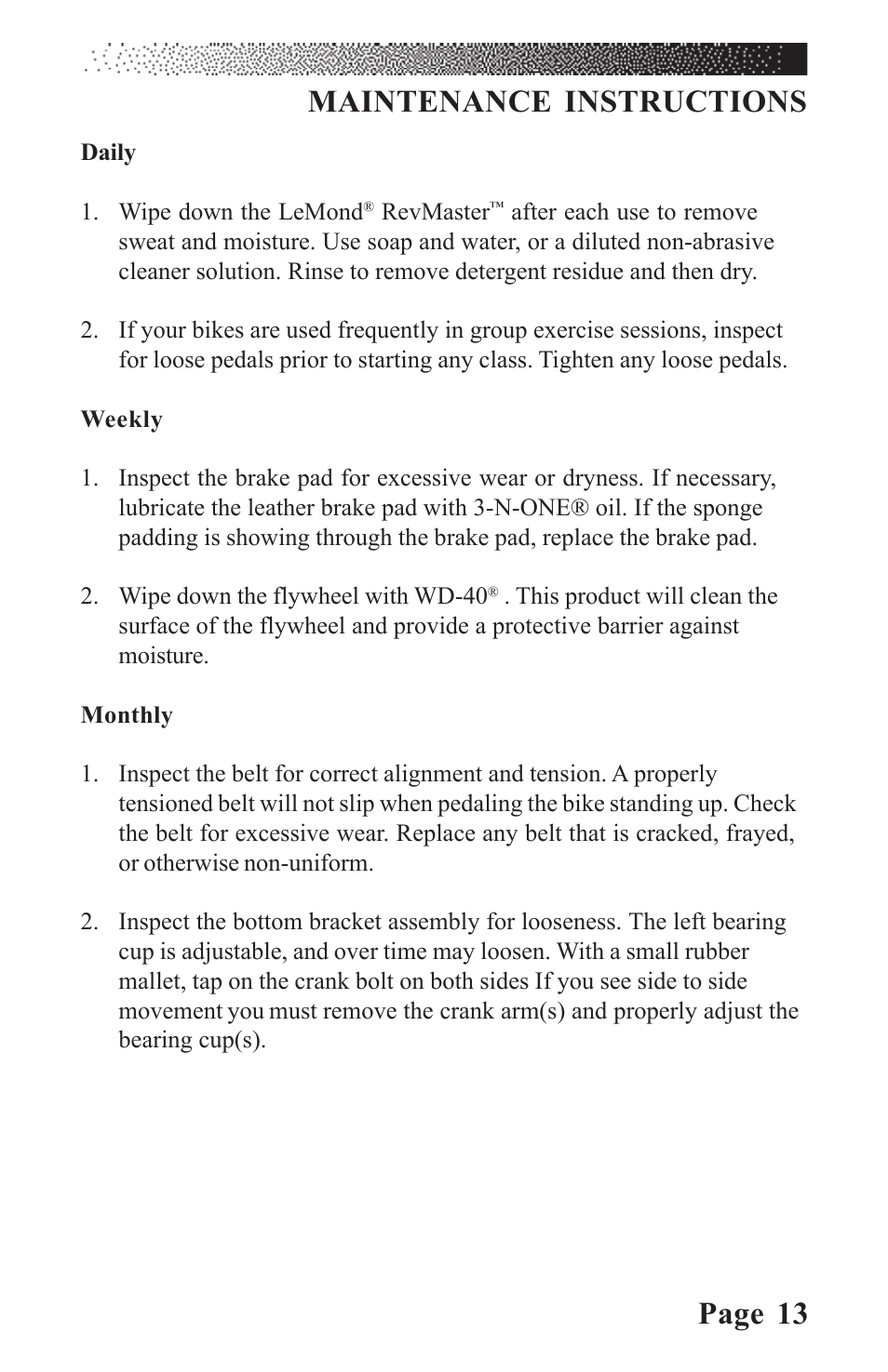 Page 13, Maintenance instructions | LeMond RevMaster Classic User Manual | Page 19 / 40