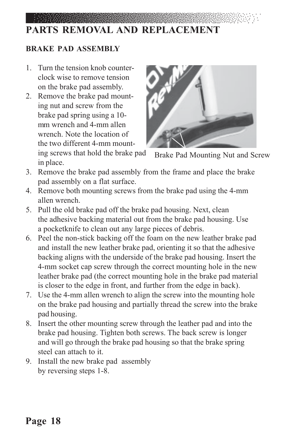 Page 18, Parts removal and replacement | LeMond RevMaster Classic User Manual | Page 24 / 40