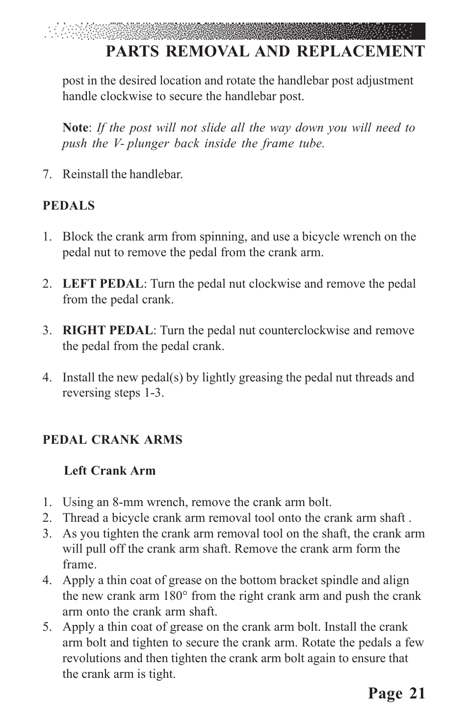 Page 21 parts removal and replacement | LeMond RevMaster Classic User Manual | Page 27 / 40