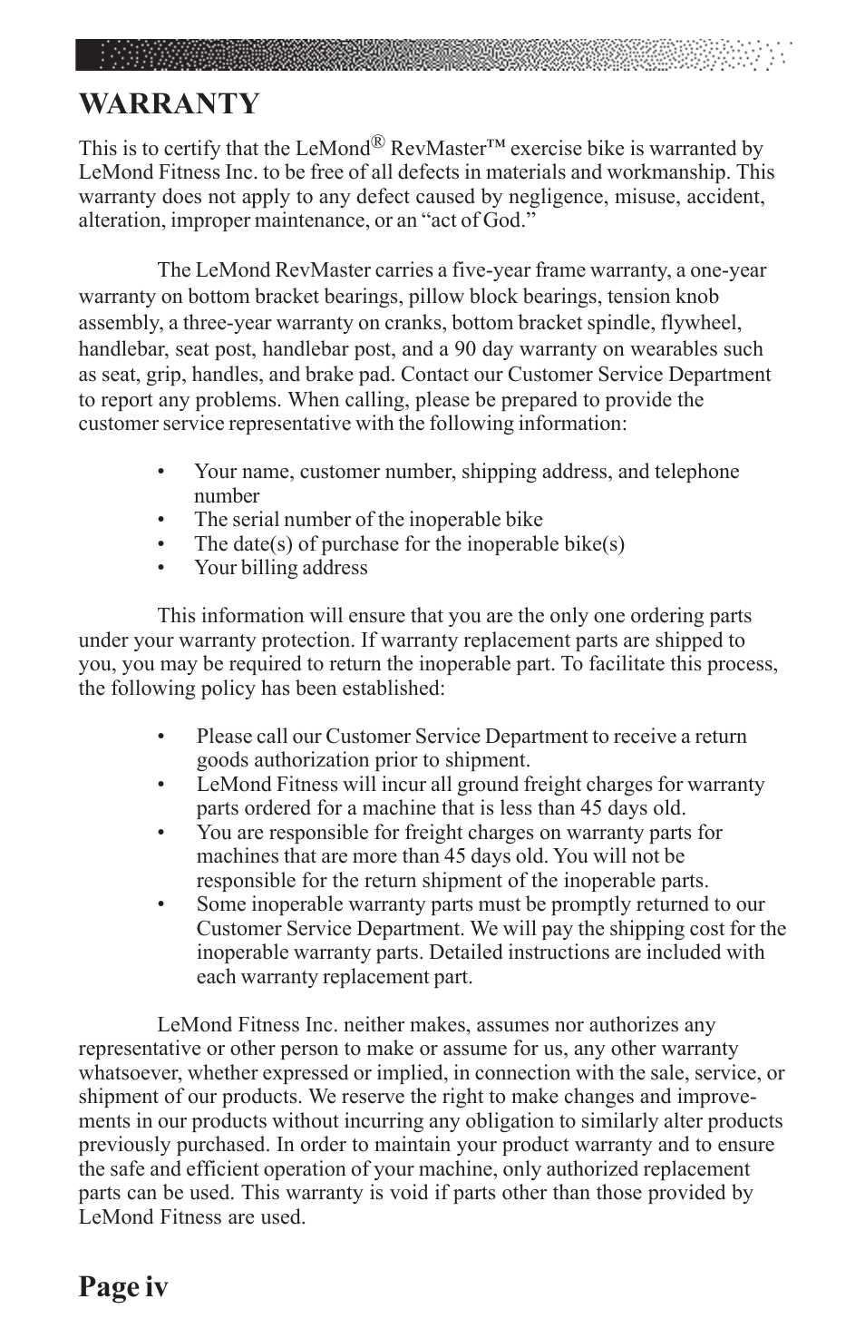 Page iv warranty | LeMond RevMaster Classic User Manual | Page 3 / 40