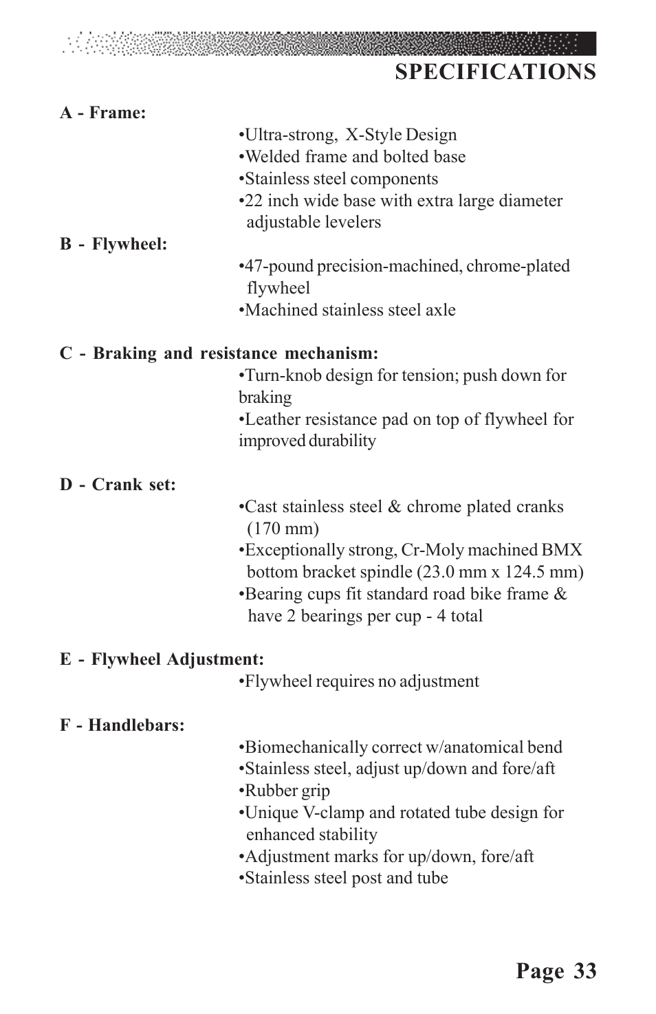 Page 33 specifications | LeMond RevMaster Classic User Manual | Page 39 / 40