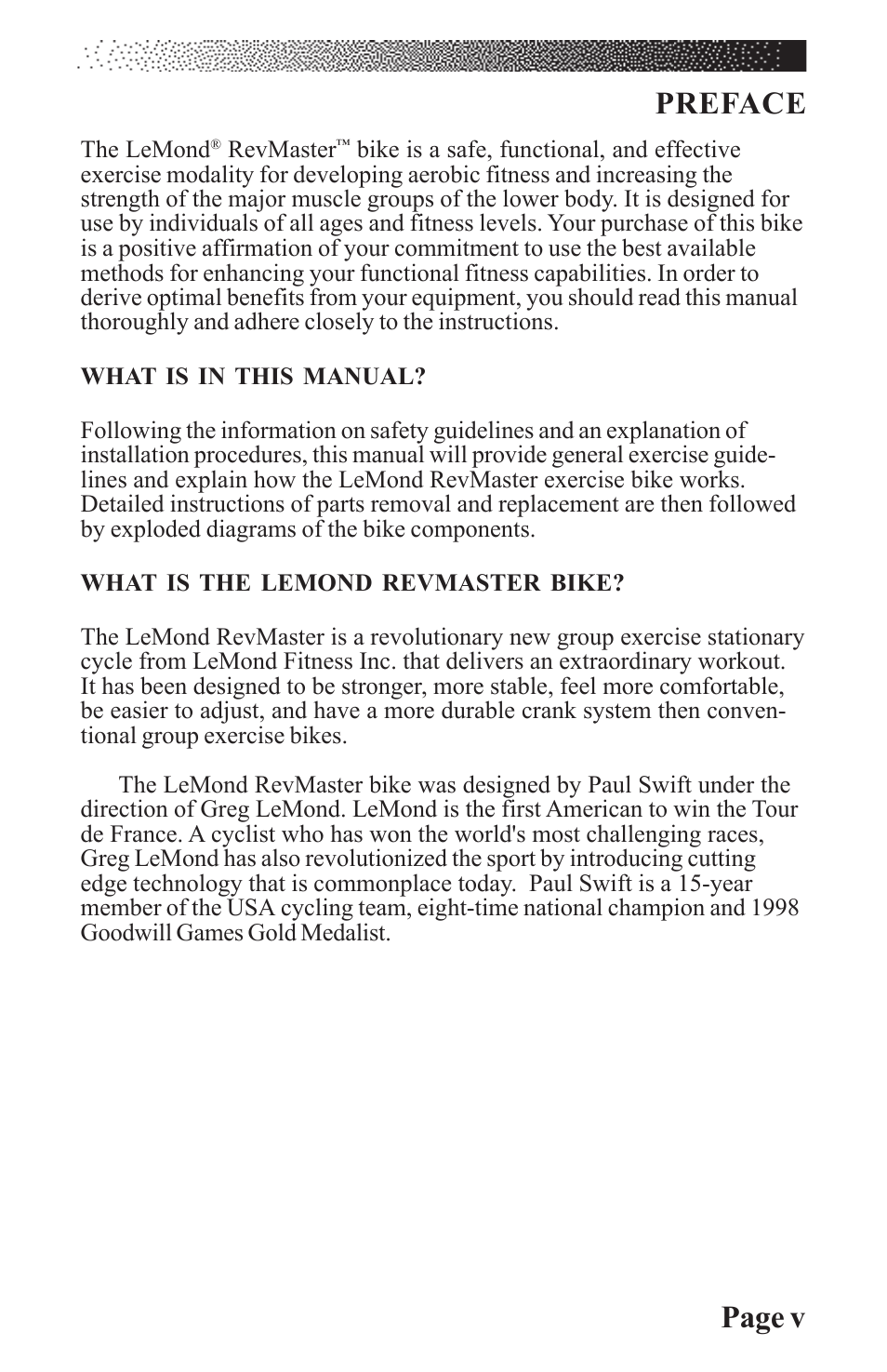 Page v preface | LeMond RevMaster Classic User Manual | Page 4 / 40