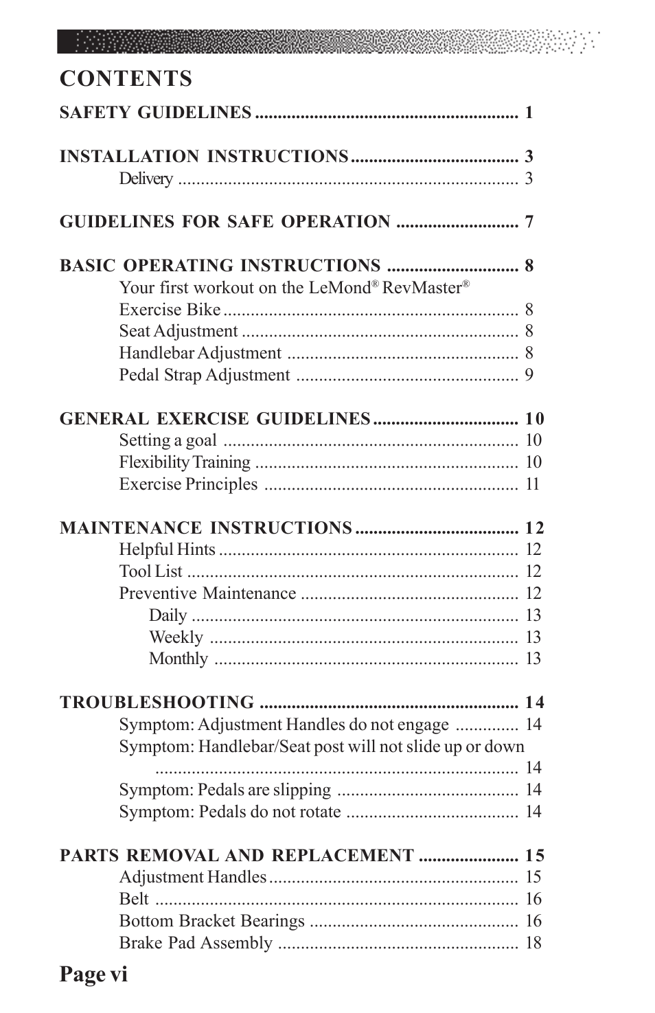 Page vi contents | LeMond RevMaster Classic User Manual | Page 5 / 40