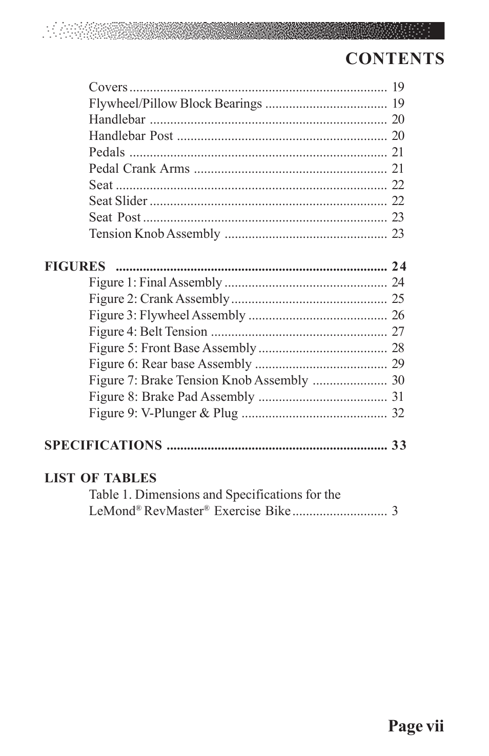 Page vii contents | LeMond RevMaster Classic User Manual | Page 6 / 40
