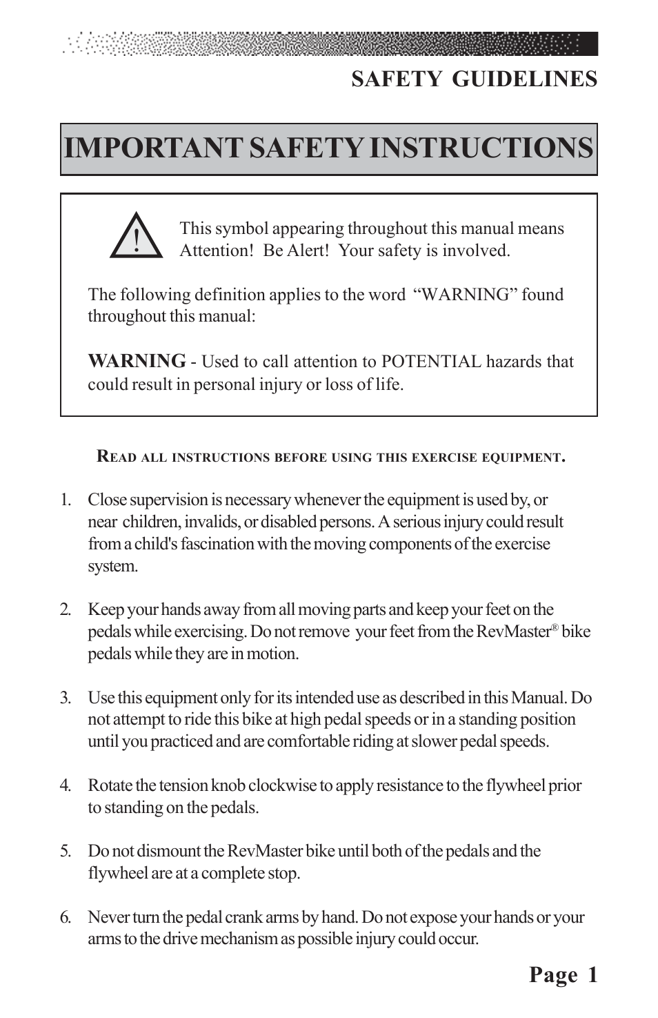 Important safety instructions, Page 1, Safety guidelines | LeMond RevMaster Classic User Manual | Page 7 / 40