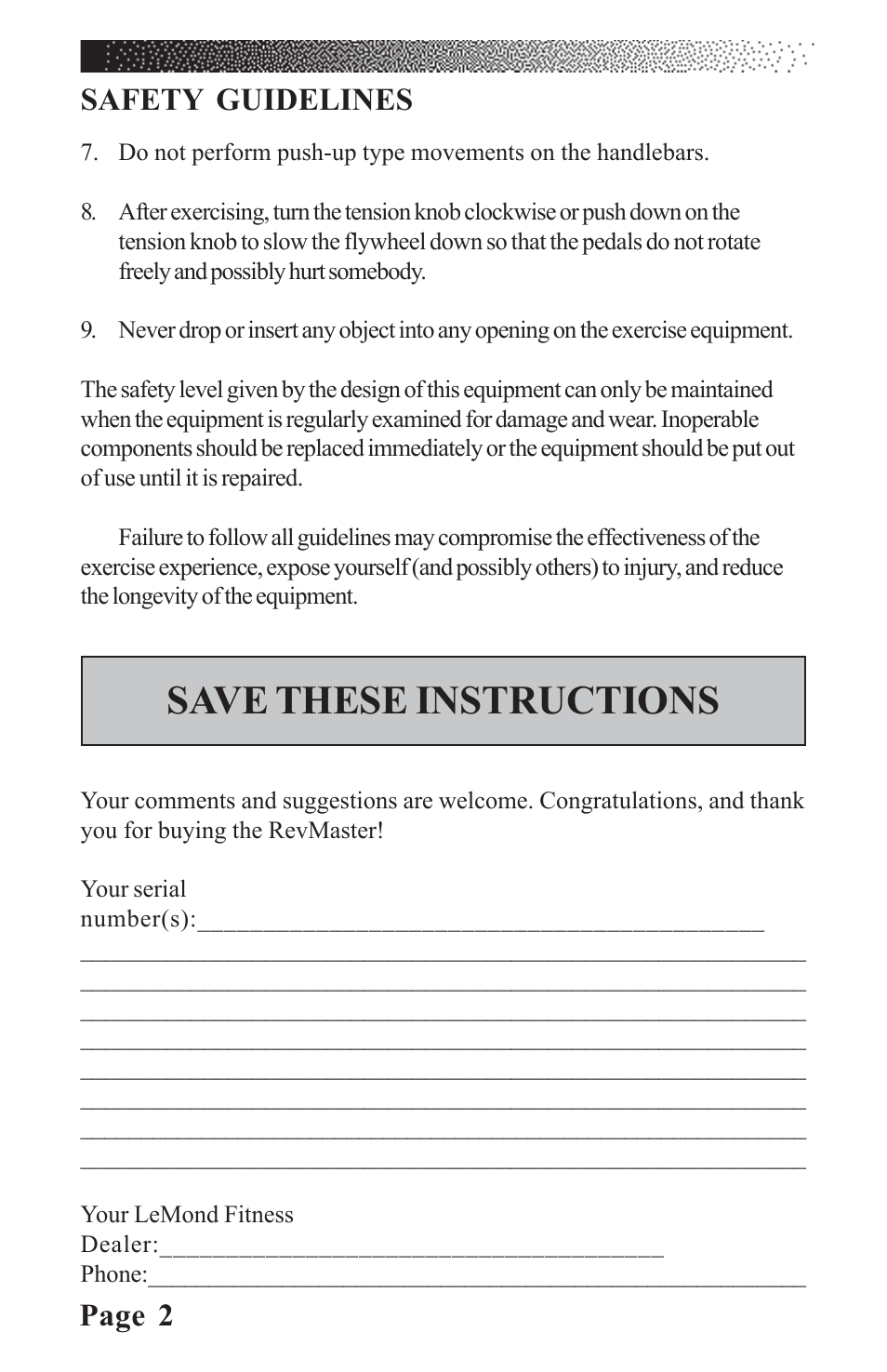 Save these instructions, Page 2, Safety guidelines | LeMond RevMaster Classic User Manual | Page 8 / 40