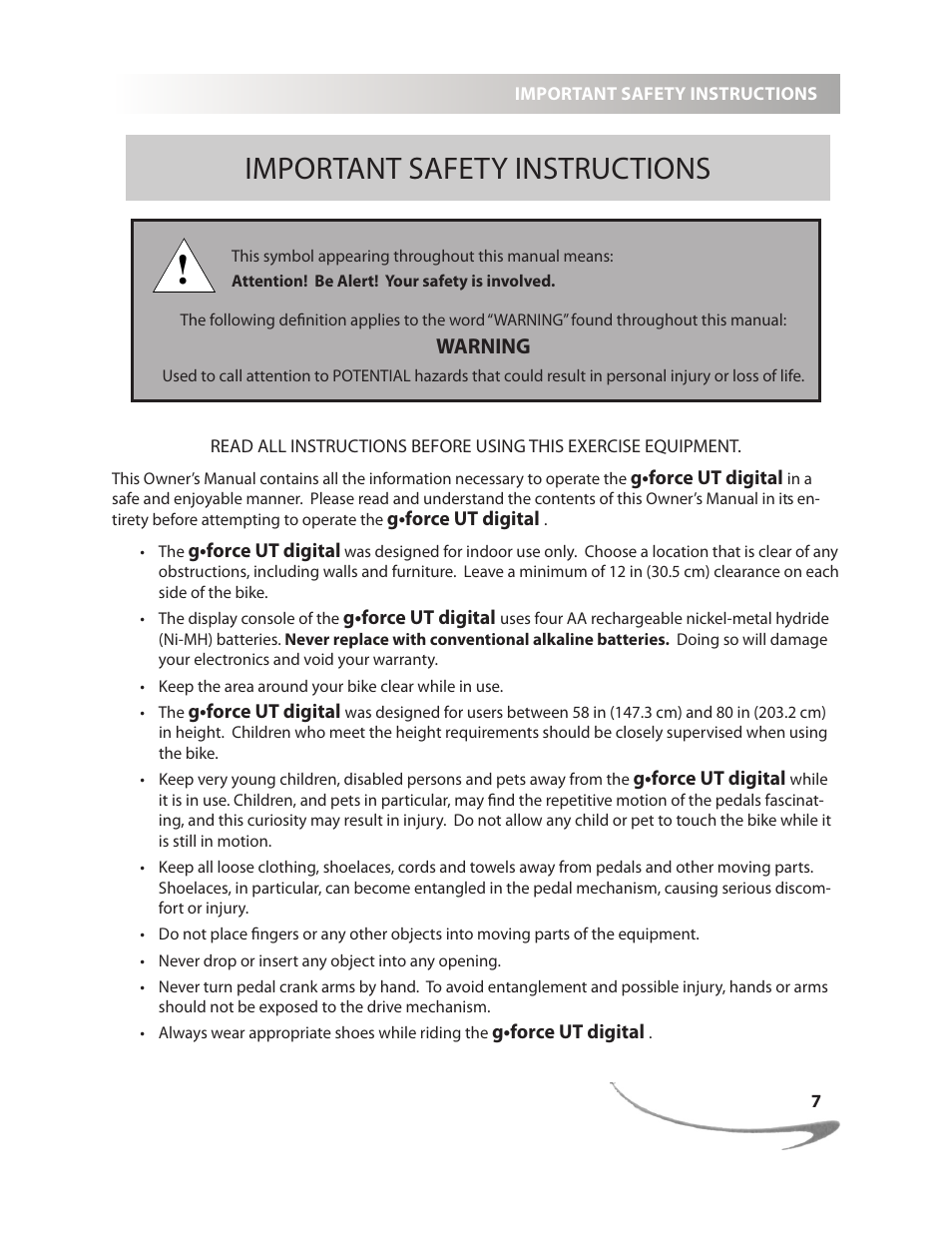 Important safety instructions | LeMond g-force UT User Manual | Page 7 / 40