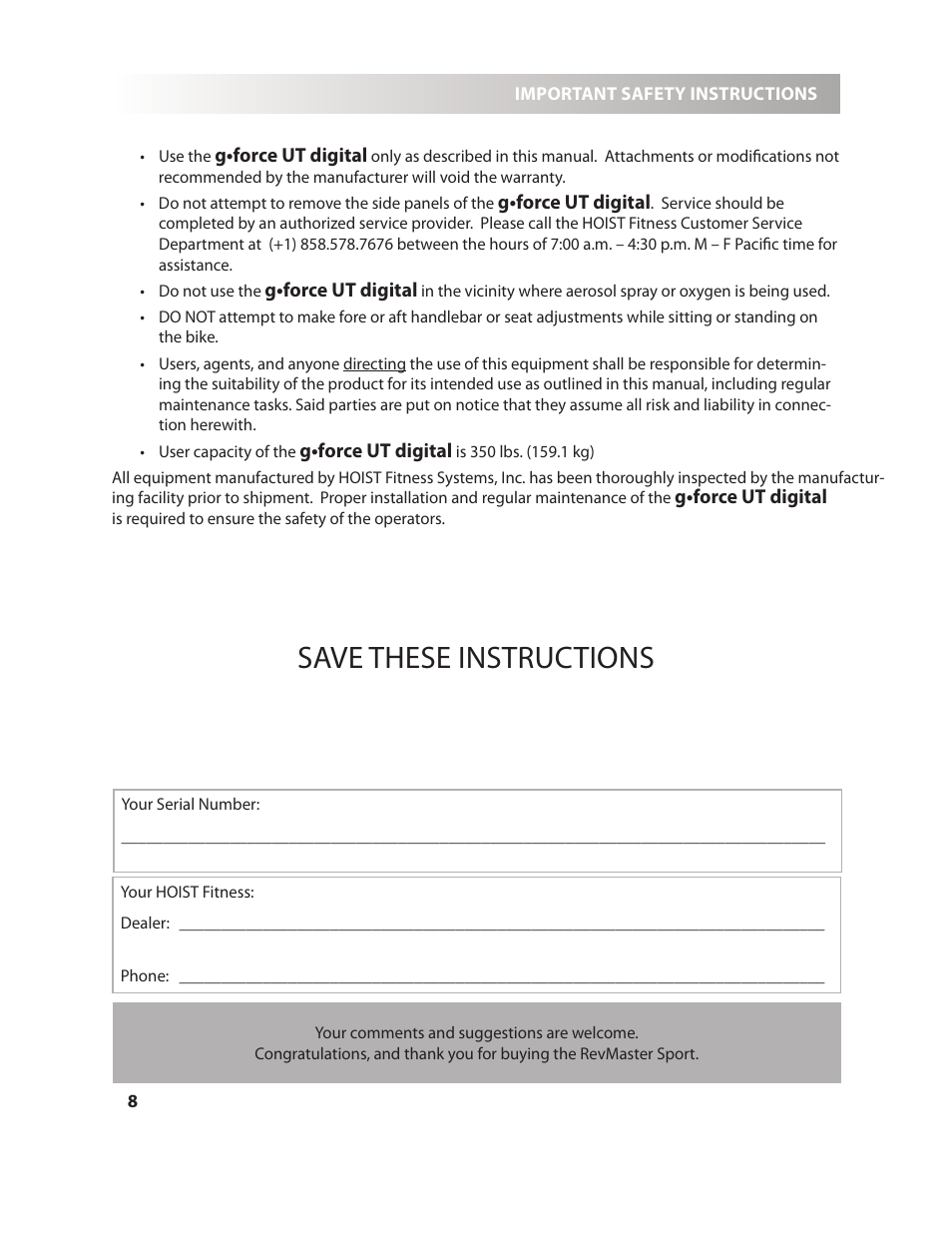 Save these instructions | LeMond g-force UT User Manual | Page 8 / 40
