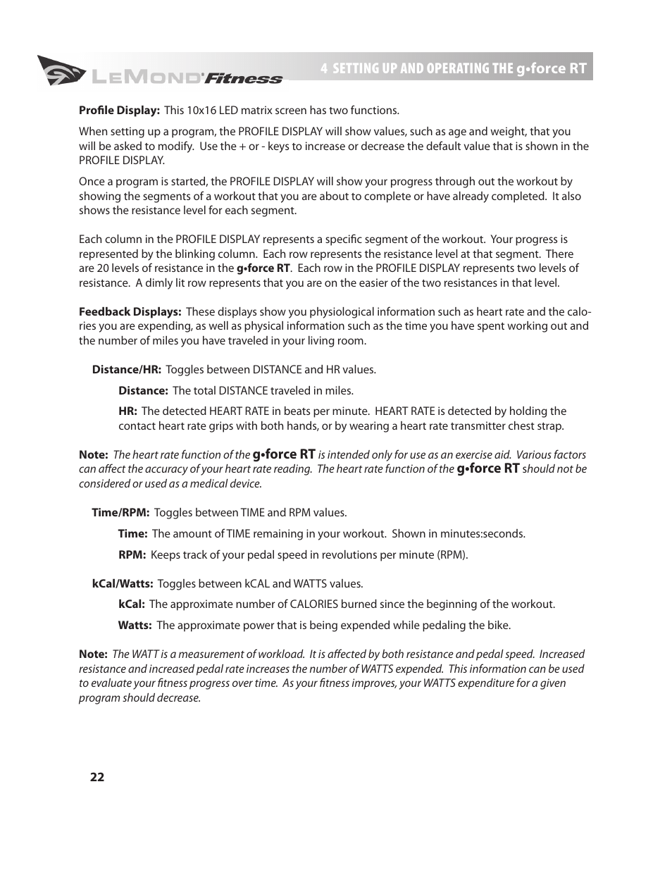 4 setting up and operating the g•force rt | LeMond g-force RT User Manual | Page 22 / 56