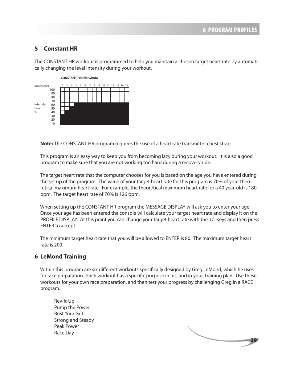 6 program profiles, 5 constant hr, 6 lemond training | LeMond g-force RT User Manual | Page 29 / 56