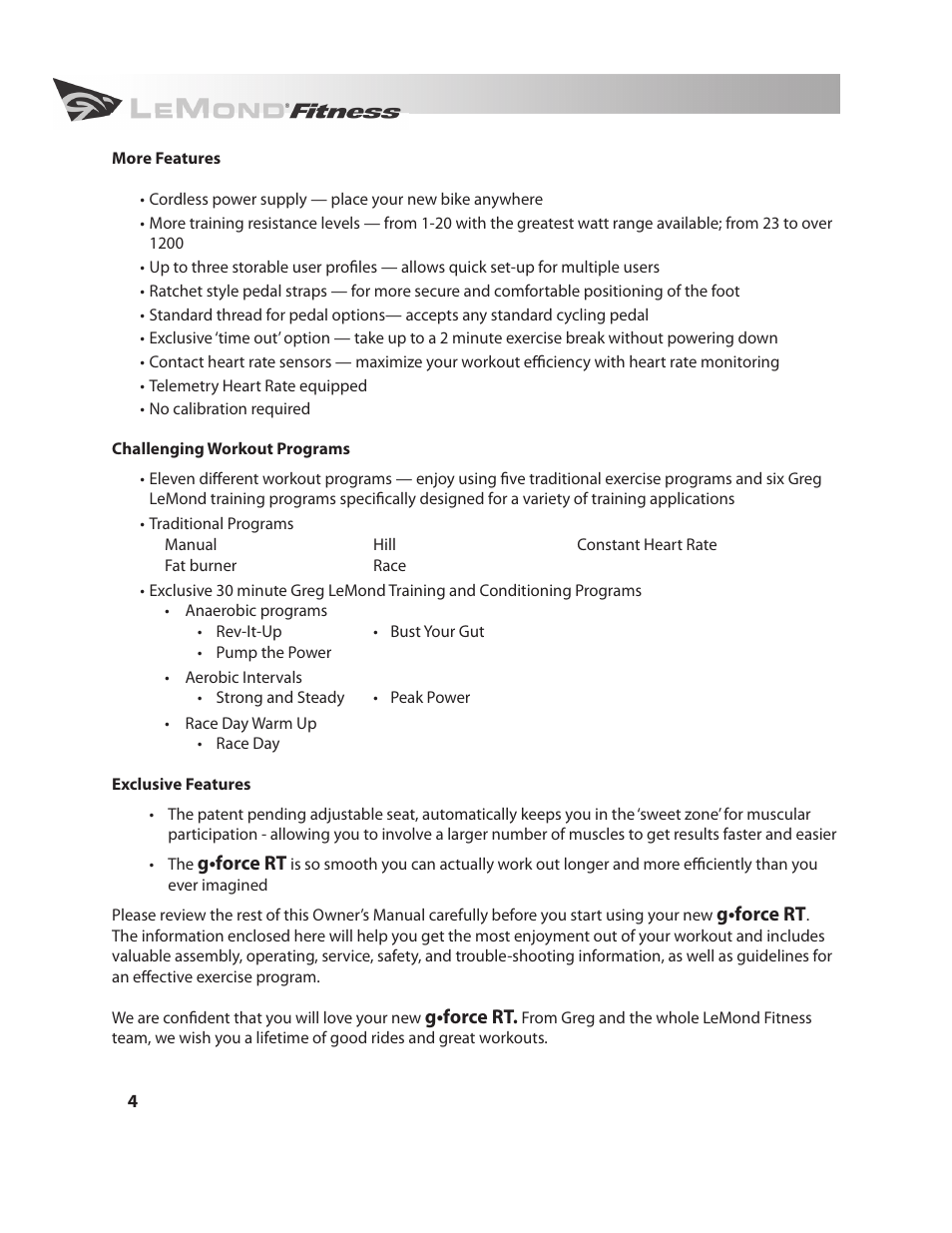 LeMond g-force RT User Manual | Page 4 / 56