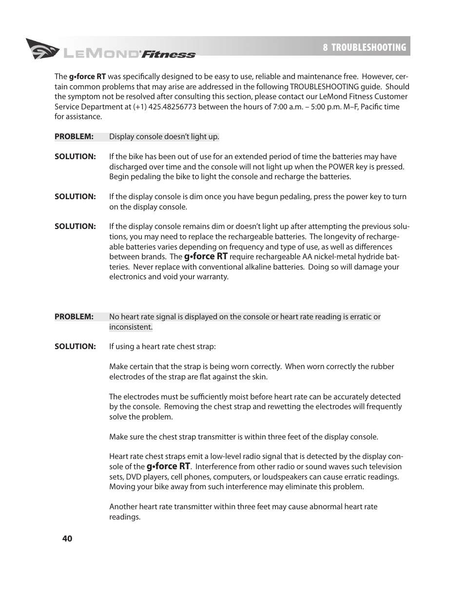 8 troubleshooting | LeMond g-force RT User Manual | Page 40 / 56
