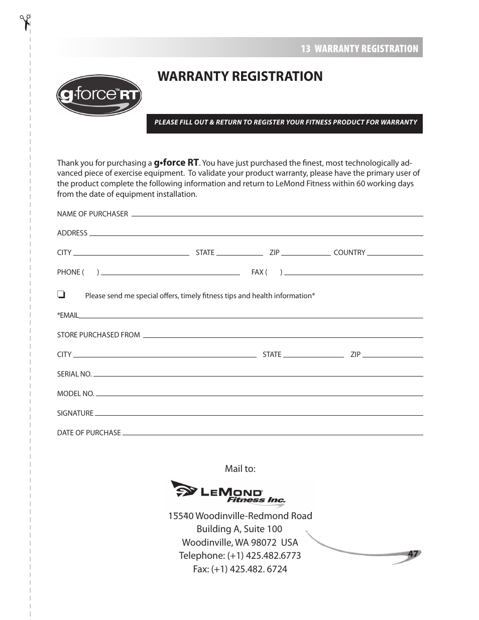 Warranty registration, 13 warranty registration | LeMond g-force RT User Manual | Page 47 / 56