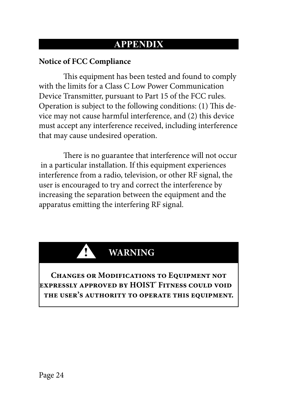 Appendix, Warning | LeMond RevMaster Pilot User Manual | Page 24 / 29
